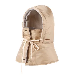 Close-up detail of beige winter thermal fleece-lined hooded balaclava cap with drawstring.