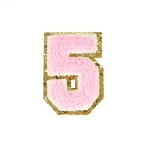 Roze nummer 5 patch met gouden glitterrand, handdoek borduurwerk strijkbare accessoire.