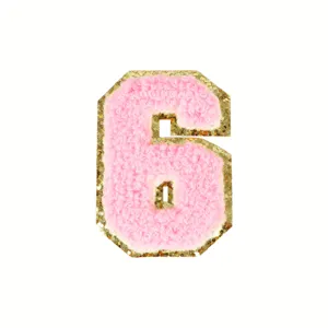 Roze chenille nummer 6 patch met gouden glinsterende rand strijkapplicatie voor kleding.