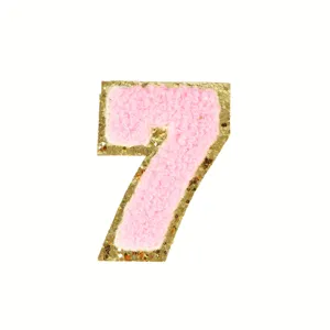 Roze chenille glitter cijfer 7 patch DIY geborduurde opstrijkbare stof applicatie detail.