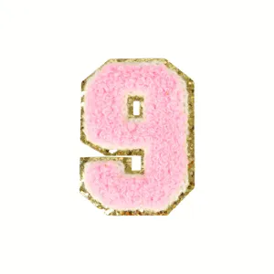 Roze glans chenille nummer 9 patch, opstrijkbaar geborduurd college badge voor kleding detail.