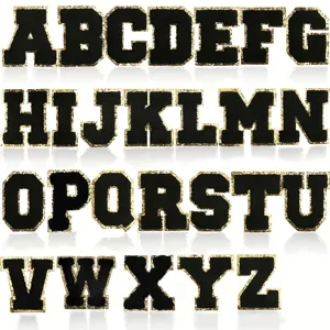 Black Chenille Embroidery Alphabet Letters Patches Gold Glitter Edge Iron On DIY Clothing Applique Badge Accessories