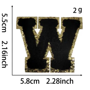 Black and gold glitter letter W embroidery patch detail view, perfect for DIY clothing bags.