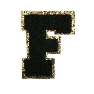 Black and gold chenille letter F embroidered patch DIY clothing jacket bag decorative applique