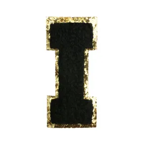 Black and gold glitter letter I chenille patch, perfect for DIY clothing and bag decoration.