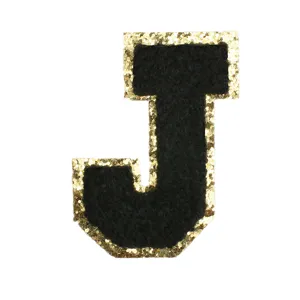 Black gold glitter letter J chenille embroidered patch DIY clothing accessory detail shot
