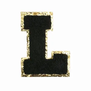 Black chenille letter L patch with gold glitter sequin border for DIY clothing and bags.