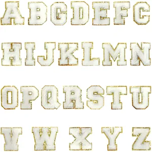 White chenille letter patches with gold glitter border for DIY clothing decoration.