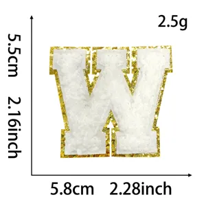 White letter W chenille patch with gold glitter edge for DIY clothing bag decoration.
