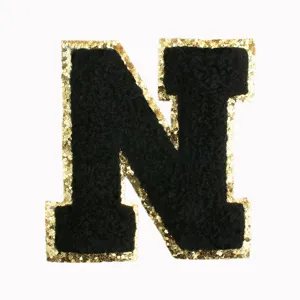 Black and gold glitter alphabet letter N chenille embroidery patch for DIY clothing and bags decor.