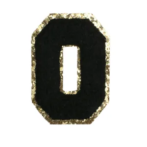 Black and gold sequin embroidered patch number zero letter O DIY clothing accessories detail.