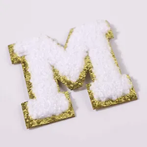 White chenille letter M patch with gold glitter border DIY clothing bag accessories