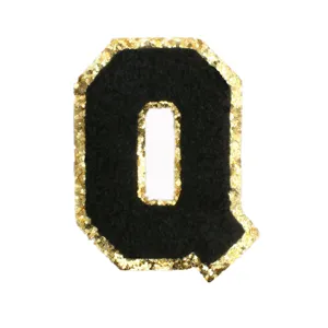 Black and gold glitter letter Q chenille patch for DIY clothing, jackets and bags decoration.