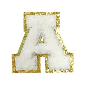 White letter A chenille embroidery patch with gold glitter edge for DIY clothing bags.