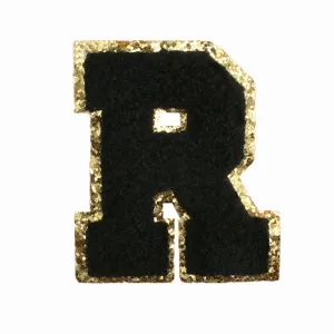 Black and gold glitter letter R patch, chenille embroidered DIY clothing badge accessory.