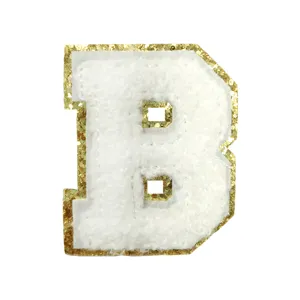 White Chenille Letter B Patch Gold Glitter Border DIY Clothing Accessories Applique