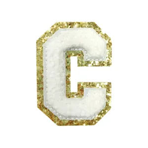 White chenille letter C patch with gold glitter border for DIY clothing, bags, and accessories.
