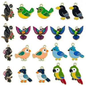 Ensemble de breloques oiseaux en émail coloré incluant colibris et perroquets pour bijoux DIY
