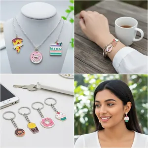 Detailed view of colorful enamel food charms for DIY jewelry, including necklaces and earrings