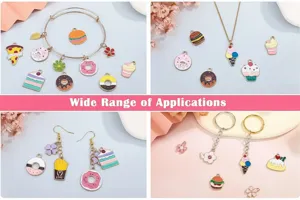 Various usage scenarios of colorful cartoon dessert alloy charms for DIY handmade jewelry crafts.