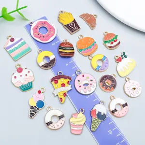 Detail view of 20 mixed colorful enamel cartoon food charms for DIY jewelry making