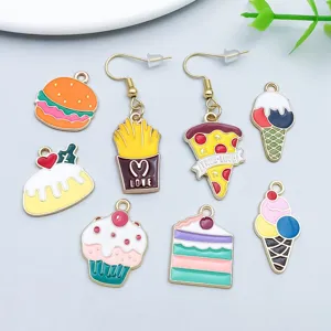 Detailed view of colorful enamel food charms including pizza, fries, and ice cream cones