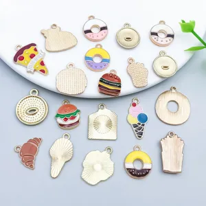 Detailed view of colorful cartoon food pendants including donuts, pizza and ice cream