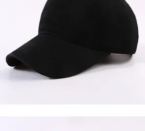Close-up detail of a classic black cotton baseball cap with soft top and curved brim.