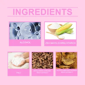 Detailed ingredient breakdown infographic showing alcohol, corn starch, talc, and plant extracts.