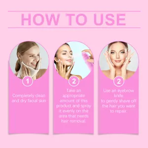 Detailed instruction graphic for Jaysuing facial hair removal spray usage steps and skin care.