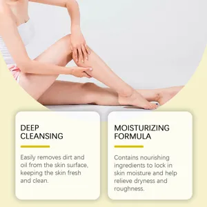 Close-up skin care body cleansing application with deep moisturizing and cleansing formula.