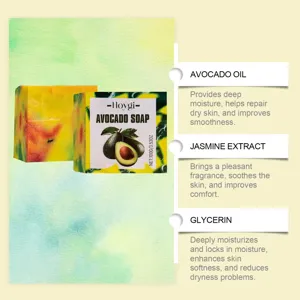 Avocado soap detail showing nourishing ingredients like avocado oil, jasmine and glycerin.