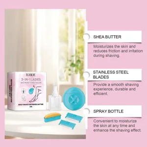 Dettaglio del set rasoio 3 in 1 da donna con flacone spray e lame di ricambio per la pelle.