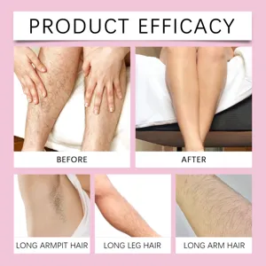 Hair removal spray efficacy detail display, showing before and after comparison on armpit, leg, and arm hair.