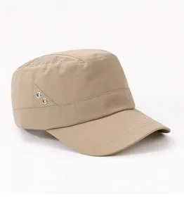 Casquette plate de travail kaki avec ventilation en maille latérale pour randonnée et soleil.