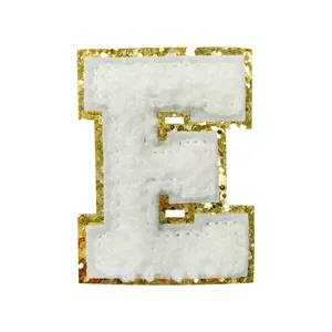 White Chenille Letter E Patch Gold Glitter Border DIY Clothing Bag Decorative Embroidery Badge