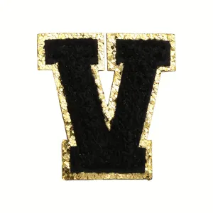 Black and gold glitter varsity letter V chenille embroidery patch for DIY clothing bags.