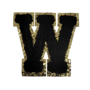 Black chenille letter W patch with gold sequins for DIY clothing and bags decoration