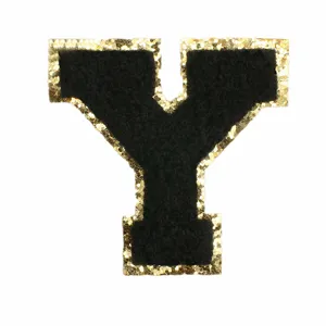 Black letter Y patch with gold glitter border, detailed terry cloth embroidery for DIY apparel.