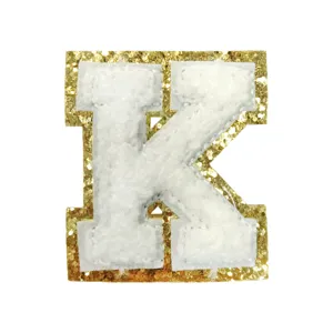 White chenille letter K patch detail view, perfect for DIY clothing bags and apparel decoration.