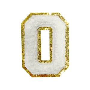 Gold glitter border white chenille letter number patch DIY clothing jacket bag decor detail shot