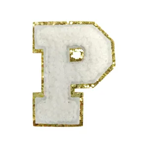 White chenille varsity letter P patch with gold glitter border for DIY clothing and bags.