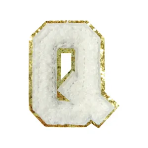 White chenille letter Q patch with gold glitter border, DIY clothing bag accessories.
