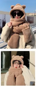 Ensemble écharpe capuche oreilles d'ours et gants femme, bonnet hiver peluche chaud douillet.