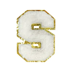White chenille letter S patch with gold glitter edge, perfect for clothing and bag DIY.