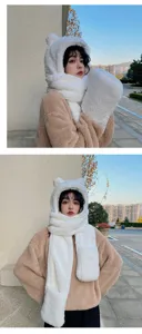 Vue détaillée de l'ensemble bonnet écharpe et gants oreilles d'ours peluche.