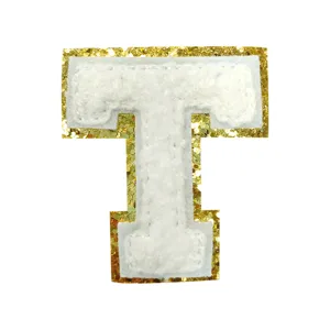 White letter chenille embroidery patch, gold glitter border DIY clothing bag accessory.