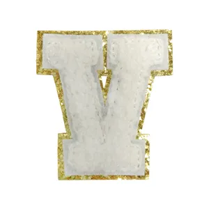 White Chenille Letter Y Patch Gold Glitter Border DIY Iron On Applique Clothing Accessories
