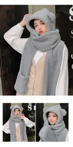 Joli bonnet écharpe en peluche d'ours 3 en 1 hiver chaud épais polaire femme chic