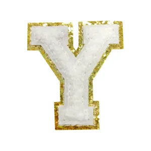 White chenille letter Y patch close-up, gold glitter edge detail for DIY clothing bags decor.